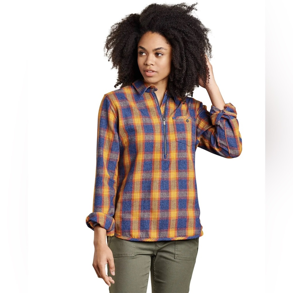 Toad&Co Bodie Dos Quarter Zip Plaid Button Down Shirt Size M Flannel Yellow Blue